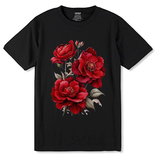 Bold Red Rose Design - Unisex Round Neck Regular Fit 100% Combed Cotton Half Sleeve T-Shirt - Mojilo Mart
