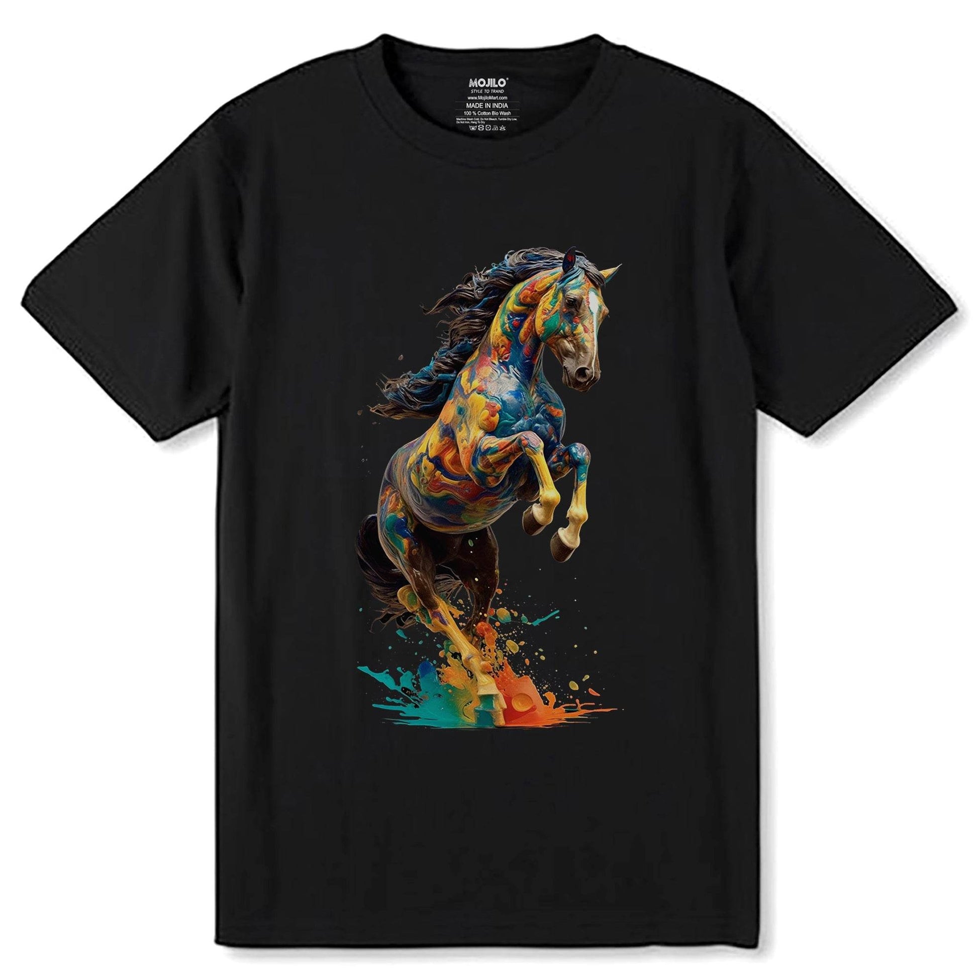 Brightly colored horse jumping in air with splashes of paint - Unisex Round Neck Regular Fit 100% Combed Cotton Half Sleeve T-Shirt - Mojilo Mart