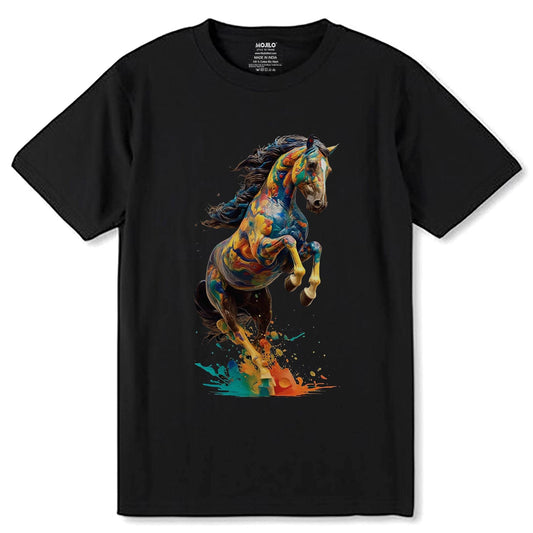 Brightly colored horse jumping in air with splashes of paint - Unisex Round Neck Regular Fit 100% Combed Cotton Half Sleeve T-Shirt - Mojilo Mart