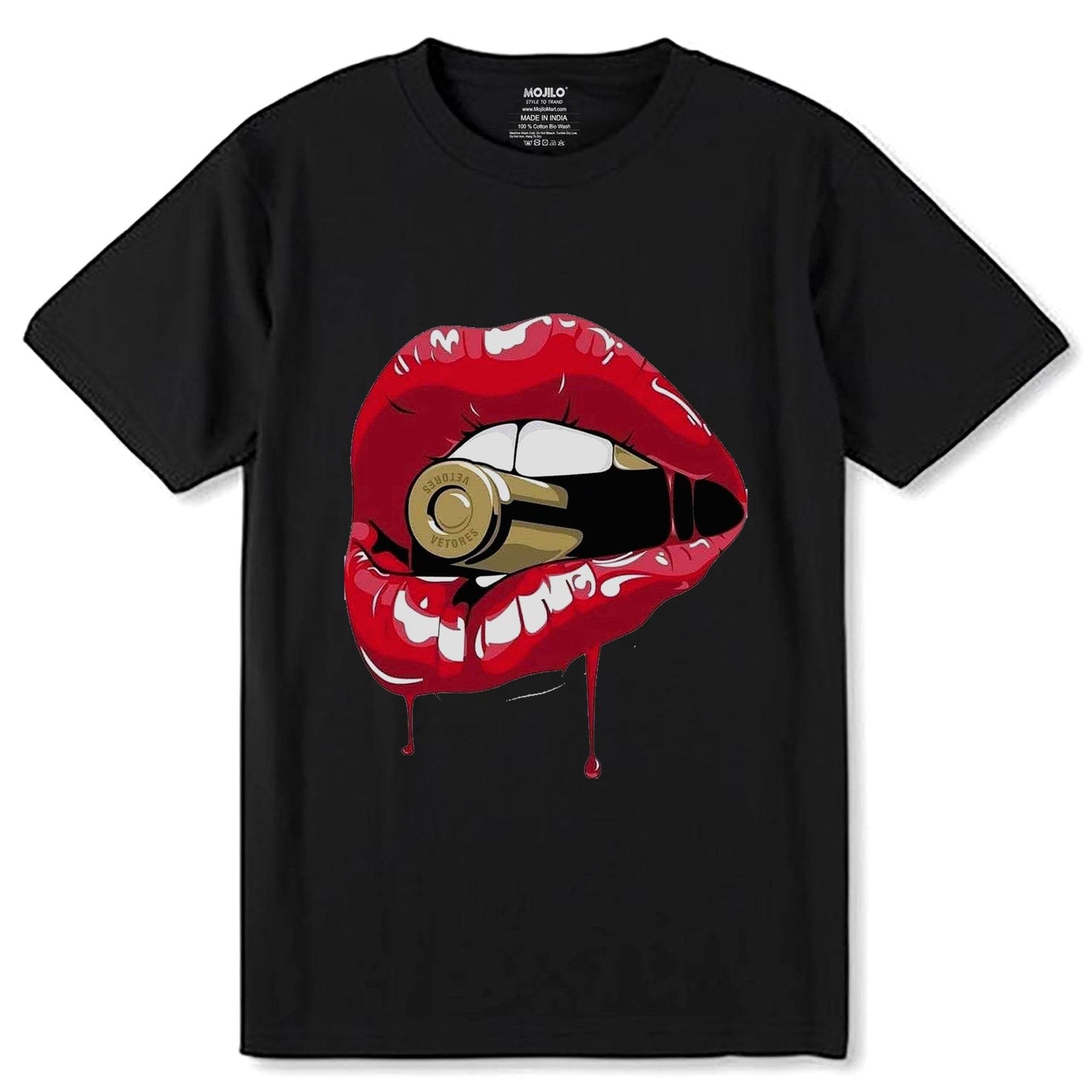 Bullet Bite Red Lip Girly Babe Mouth - Unisex Round Neck Regular Fit 100% Combed Cotton Half Sleeve T-Shirt - Mojilo Mart