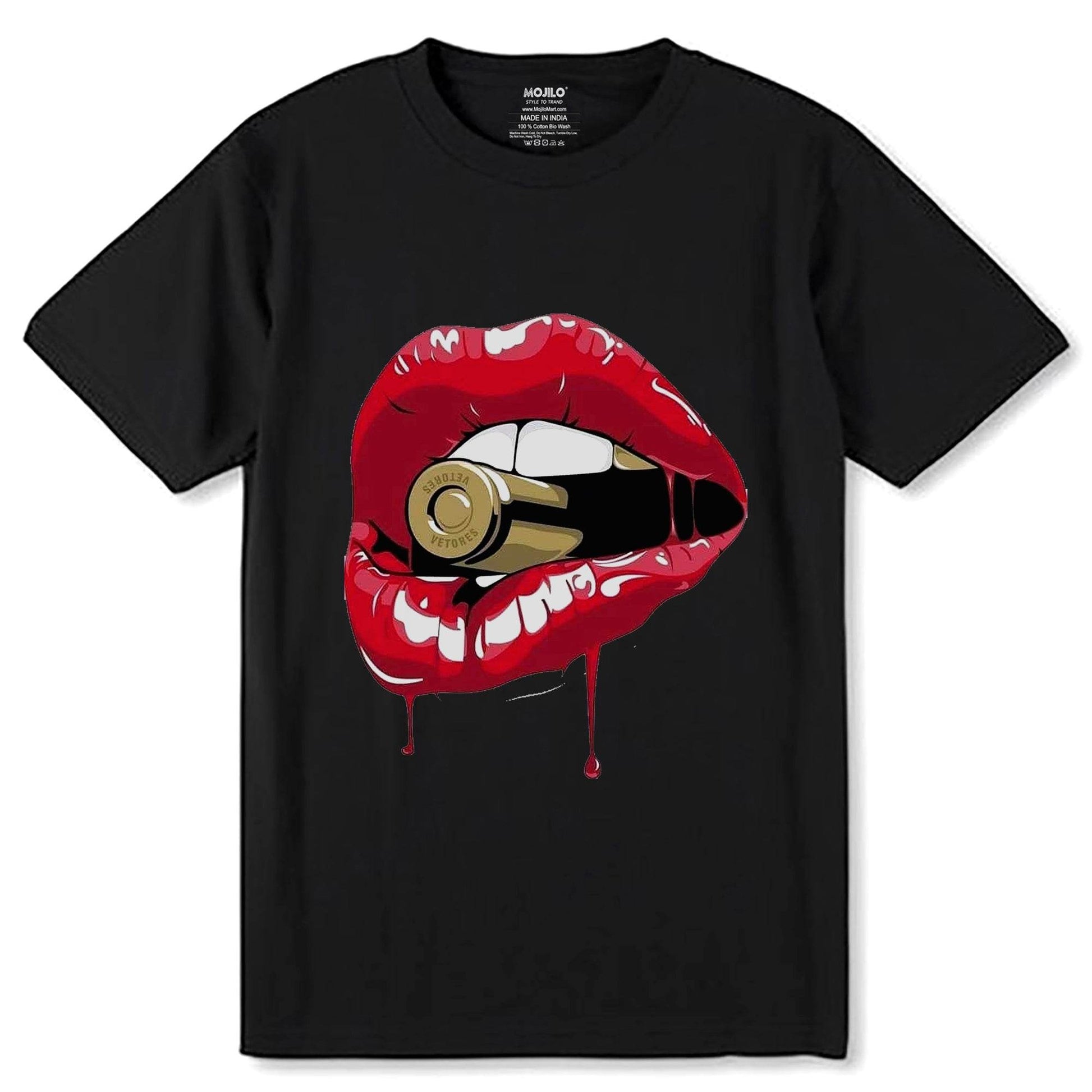 Bullet Bite Red Lip Girly Babe Mouth - Unisex Round Neck Regular Fit 100% Combed Cotton Half Sleeve T-Shirt - Mojilo Mart
