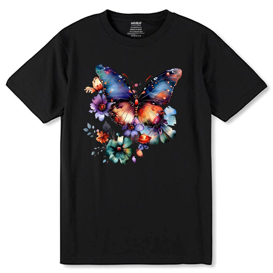 Butterfly Flowers - Unisex Round Neck Regular Fit 100% Combed Cotton Half Sleeve T-Shirt - Mojilo Mart