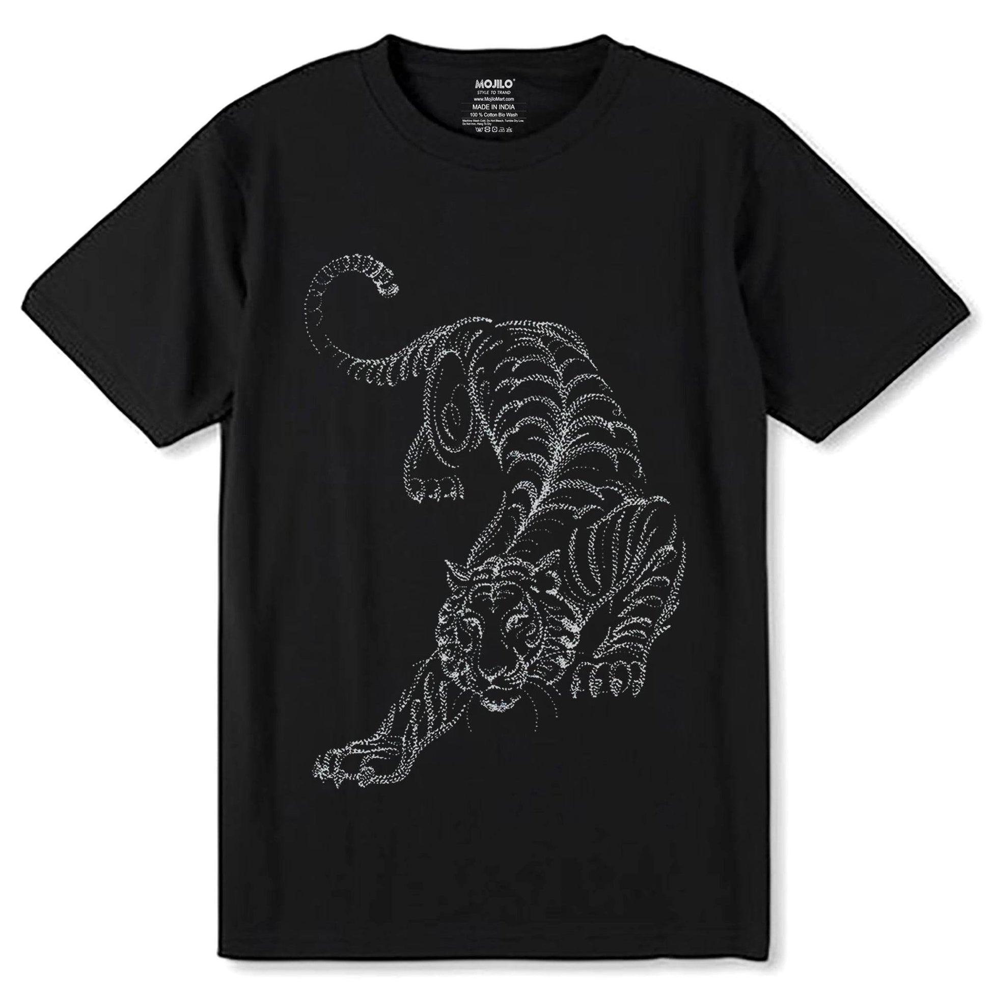 Calligraphic Prowling Tiger - Unisex Round Neck Regular Fit 100% Combed Cotton Half Sleeve T-Shirt - Mojilo Mart