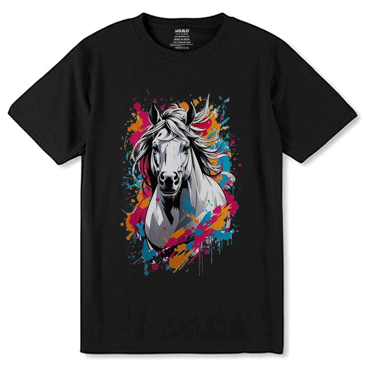 Charcoal Wooden White Horse Painting - Unisex Round Neck Regular Fit 100% Combed Cotton Half Sleeve T-Shirt - Mojilo Mart