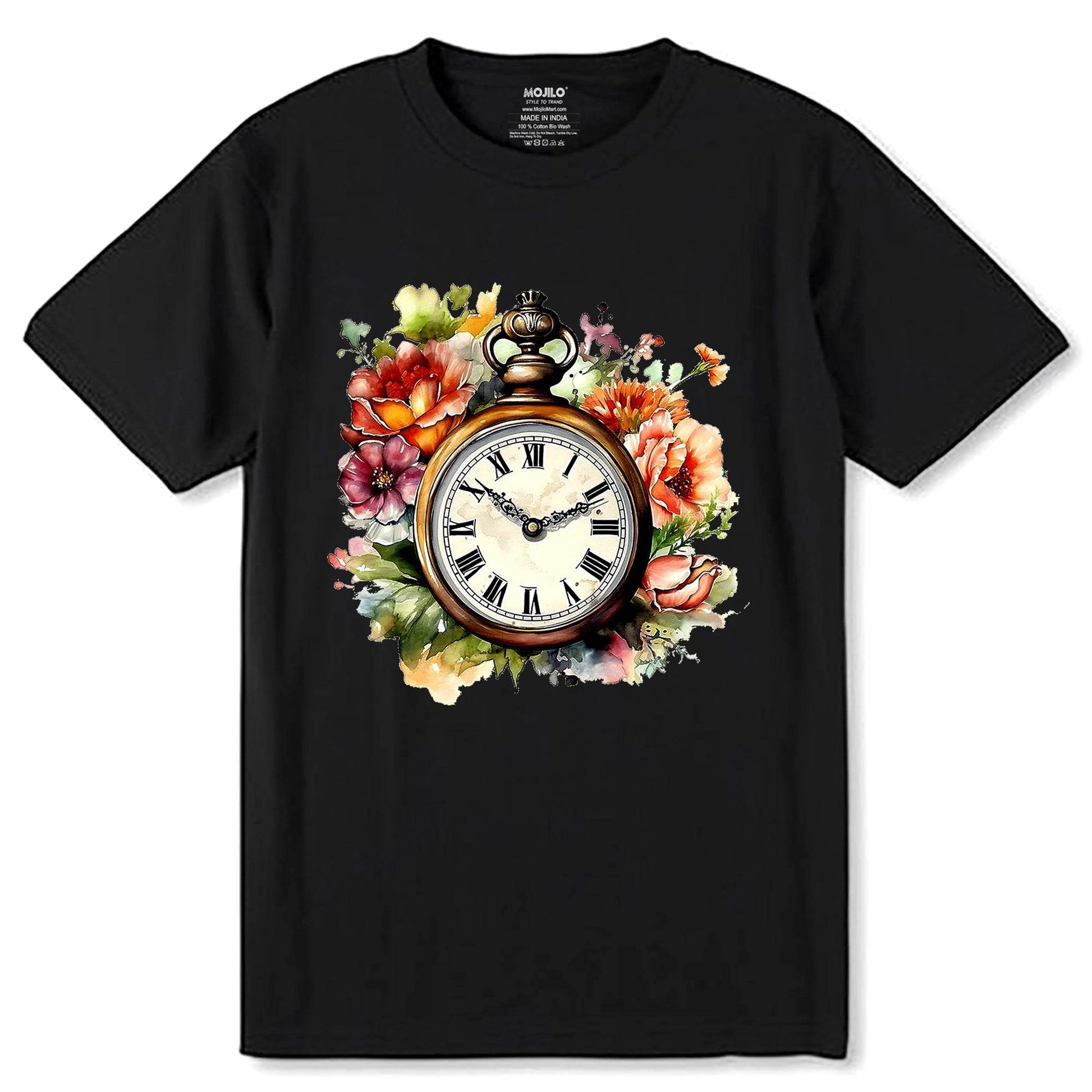 Clock Flowers - Unisex Round Neck Regular Fit 100% Combed Cotton Half Sleeve T-Shirt - Mojilo Mart
