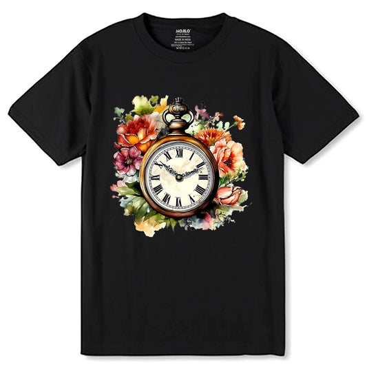 Clock Flowers - Unisex Round Neck Regular Fit 100% Combed Cotton Half Sleeve T-Shirt - Mojilo Mart