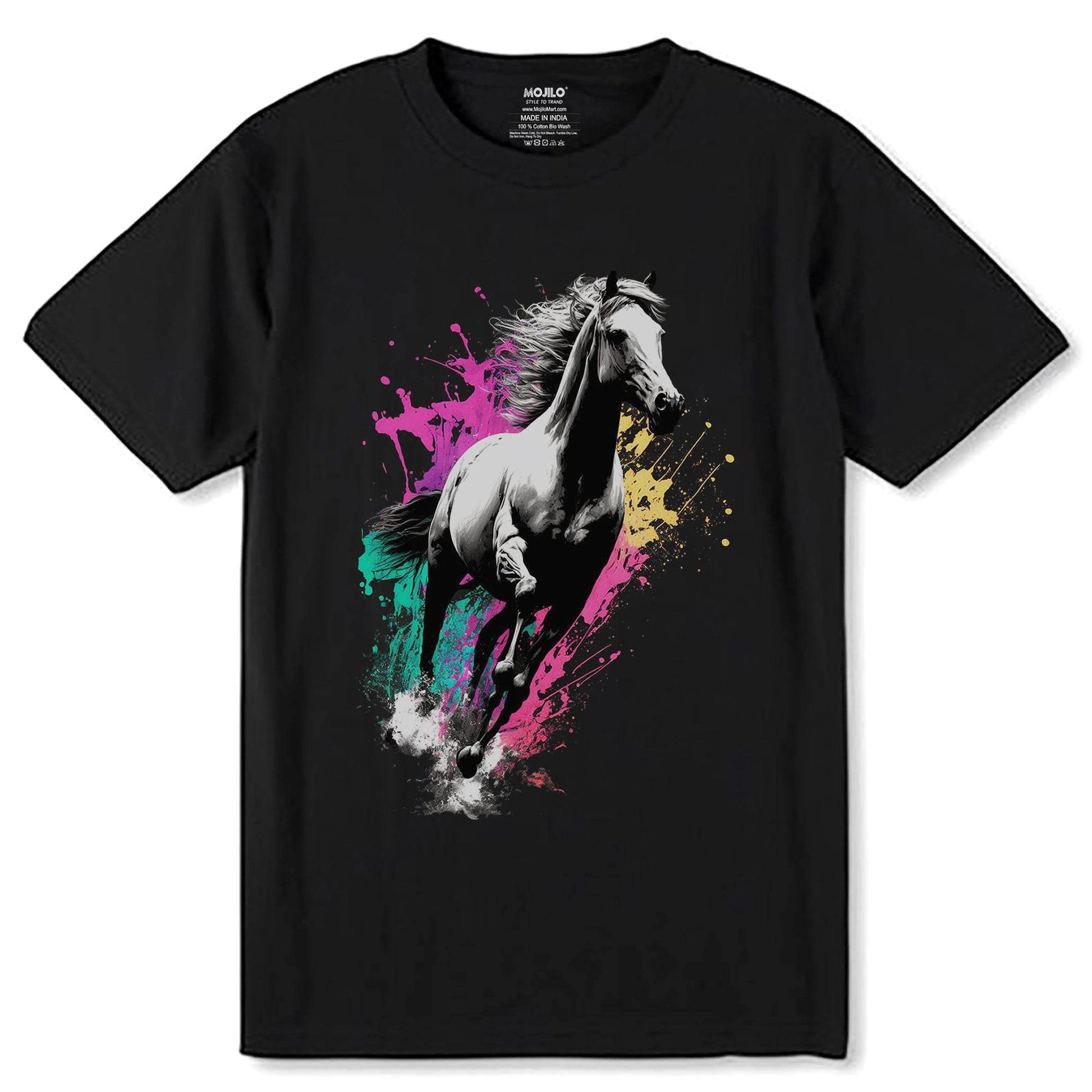 Color black and white horse - Unisex Round Neck Regular Fit 100% Combed Cotton Half Sleeve T-Shirt - Mojilo Mart