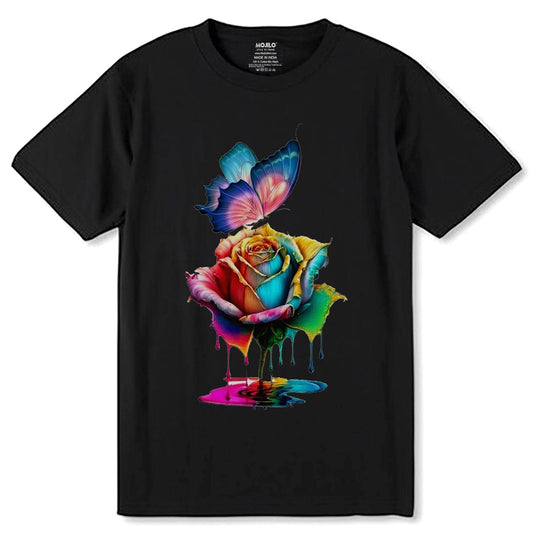 Colorful Butterflies ROSE Art - Unisex Round Neck Regular Fit 100% Combed Cotton Half Sleeve T-Shirt - Mojilo Mart