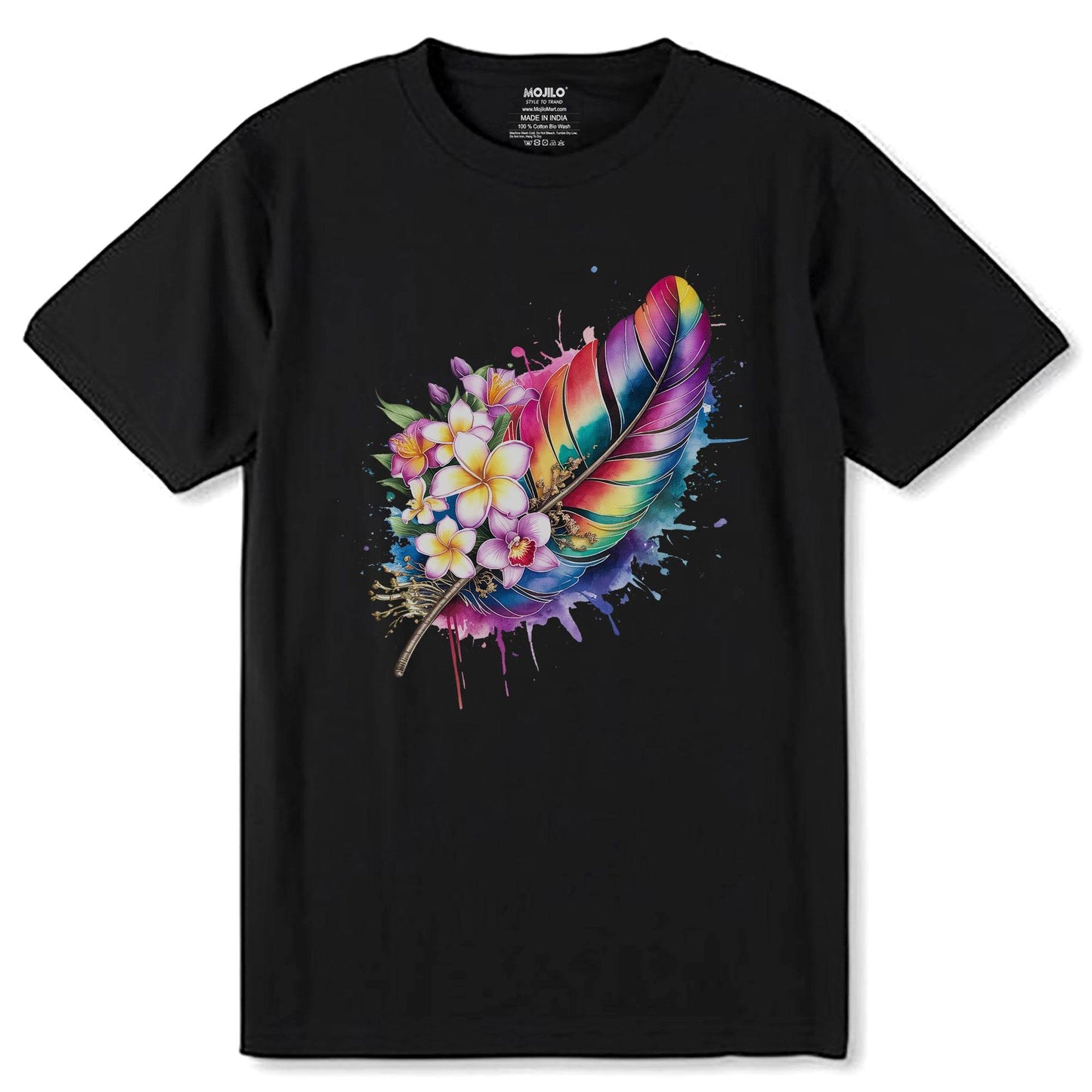 Colorful Feathers - Unisex Round Neck Regular Fit 100% Combed Cotton Half Sleeve T-Shirt - Mojilo Mart