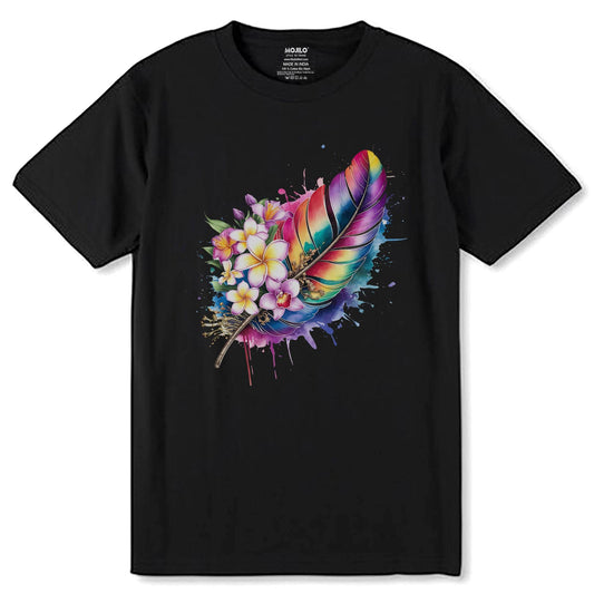 Colorful Feathers - Unisex Round Neck Regular Fit 100% Combed Cotton Half Sleeve T-Shirt - Mojilo Mart