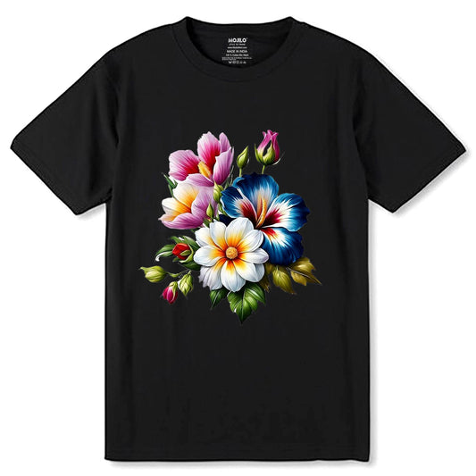 Colorful Flowers - Unisex Round Neck Regular Fit 100% Combed Cotton Half Sleeve T-Shirt - Mojilo Mart