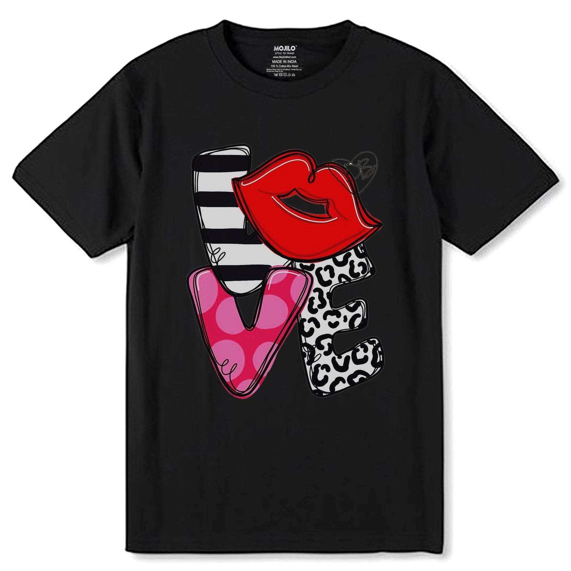 Colorful Love Graphic Kiss - Unisex Round Neck Regular Fit 100% Combed Cotton Half Sleeve T-Shirt - Mojilo Mart