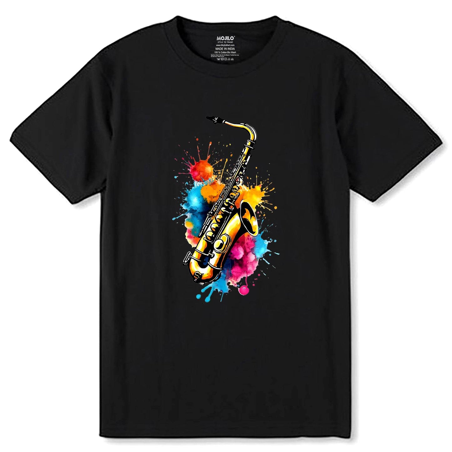 Colorful Saxophone with Musical Splash Art - Unisex Round Neck Regular Fit 100% Combed Cotton Half Sleeve T-Shirt - Mojilo Mart