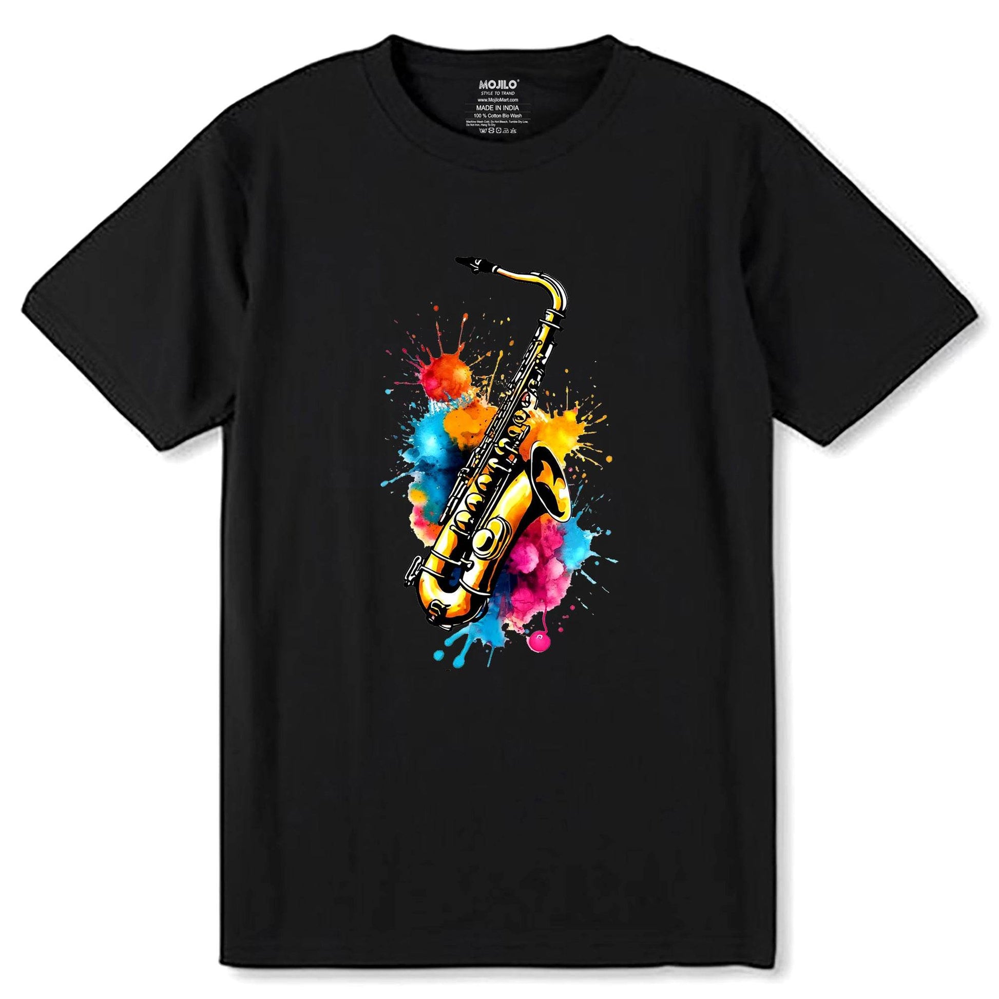 Colorful Saxophone with Musical Splash Art - Unisex Round Neck Regular Fit 100% Combed Cotton Half Sleeve T-Shirt - Mojilo Mart