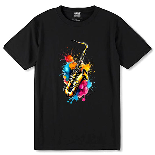 Colorful Saxophone with Musical Splash Art - Unisex Round Neck Regular Fit 100% Combed Cotton Half Sleeve T-Shirt - Mojilo Mart