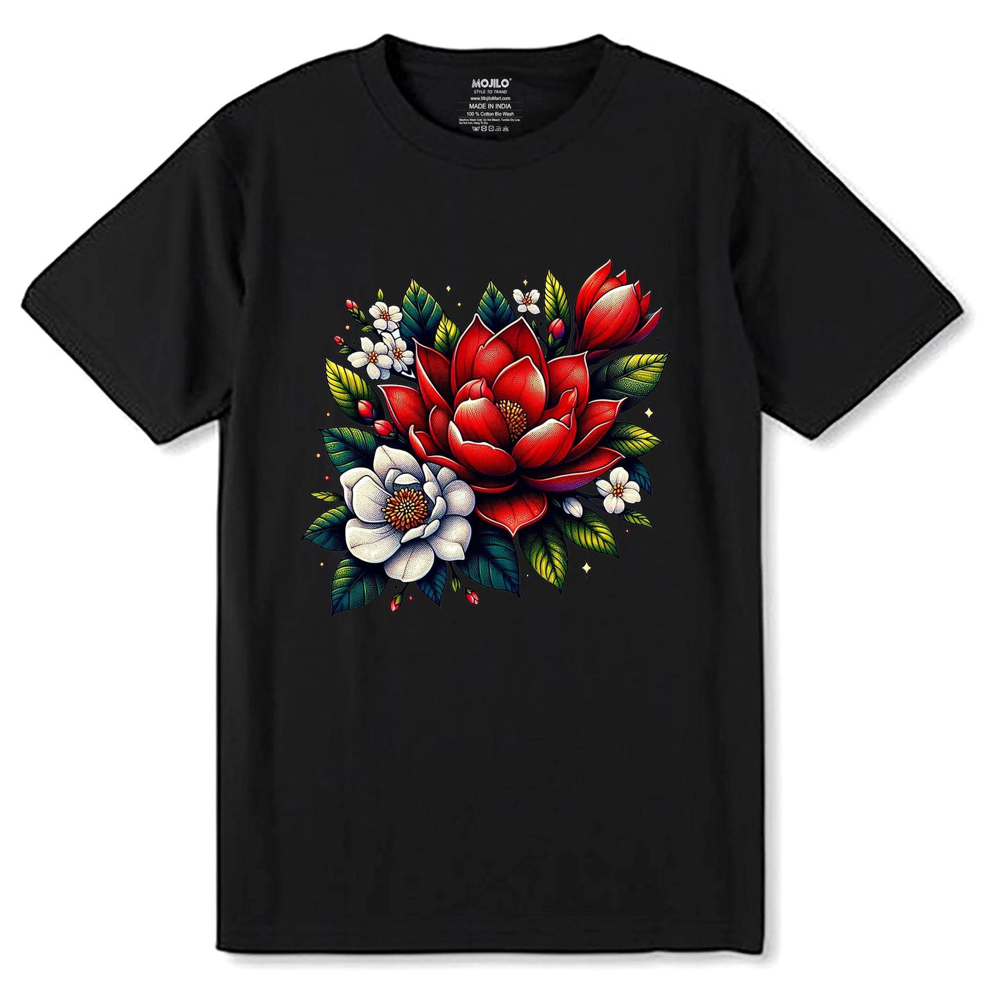 Colorful lotus flower design - Unisex Round Neck Regular Fit 100% Combed Cotton Half Sleeve T-Shirt - Mojilo Mart