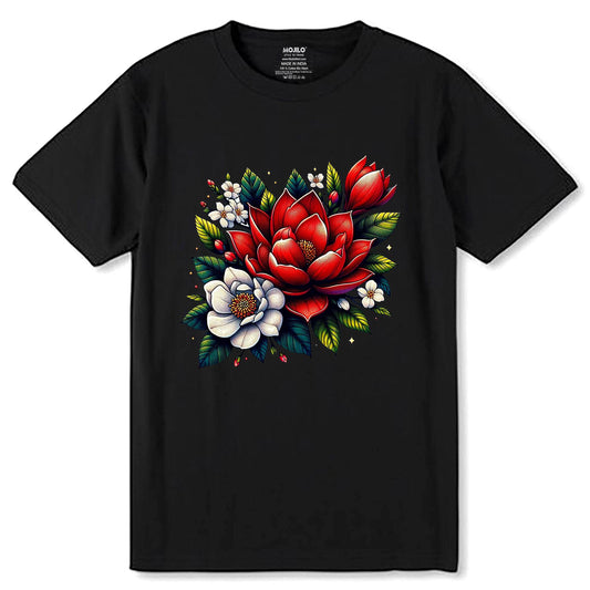 Colorful lotus flower design - Unisex Round Neck Regular Fit 100% Combed Cotton Half Sleeve T-Shirt - Mojilo Mart