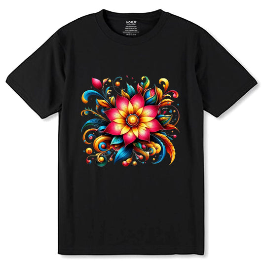 Colourful Beautiful Flowers Design - Unisex Round Neck Regular Fit 100% Combed Cotton Half Sleeve T-Shirt - Mojilo Mart