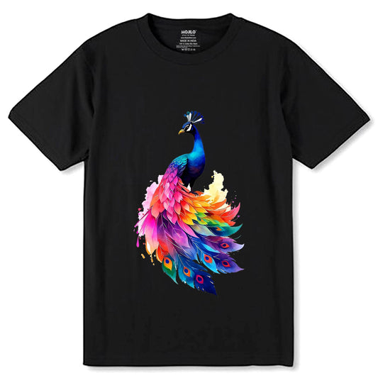 Cosmic Peacock Graphic Tee - Unisex Round Neck Regular Fit 100% Combed Cotton Half Sleeve T-Shirt - Mojilo Mart