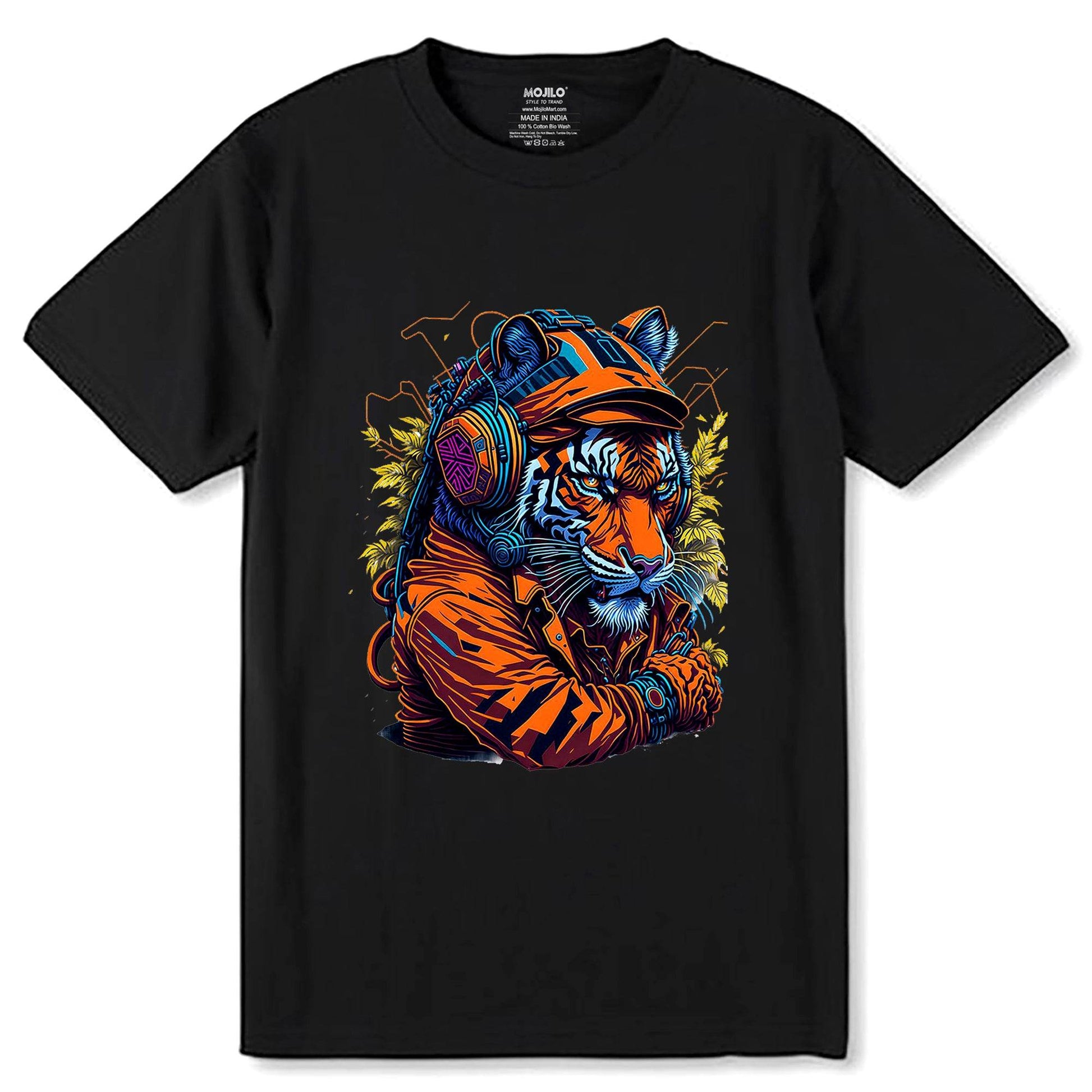DJ Tiger Music Headphones - Unisex Round Neck Regular Fit 100% Combed Cotton Half Sleeve T-Shirt - Mojilo Mart