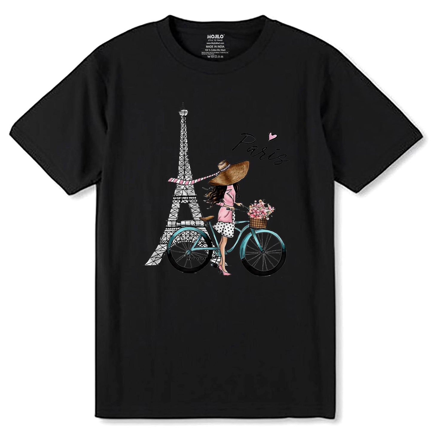 Eiffel Tower, And Bicycle Flower Printed - Unisex Round Neck Regular Fit 100% Combed Cotton Half Sleeve T-Shirt - Mojilo Mart