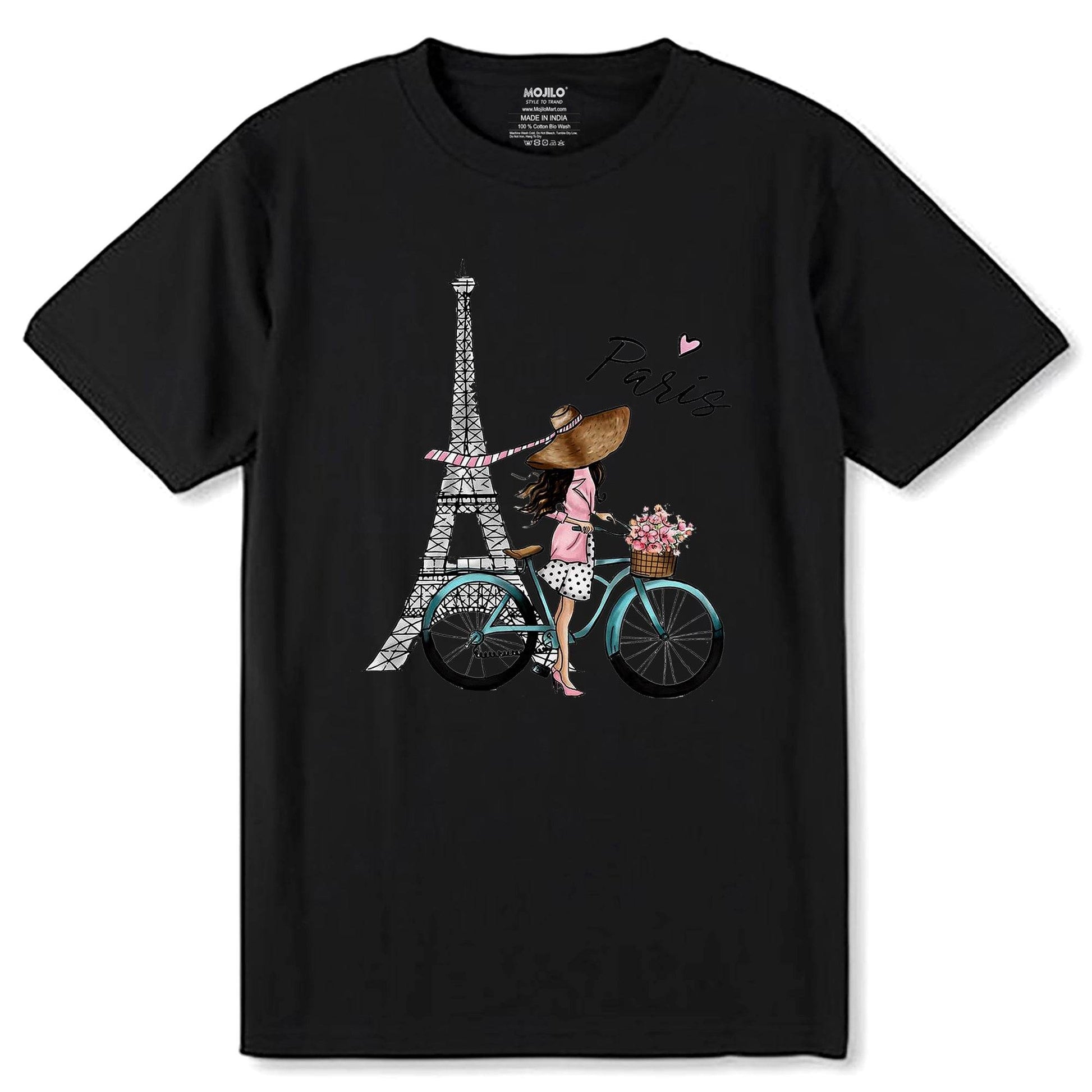 Eiffel Tower, And Bicycle Flower Printed - Unisex Round Neck Regular Fit 100% Combed Cotton Half Sleeve T-Shirt - Mojilo Mart