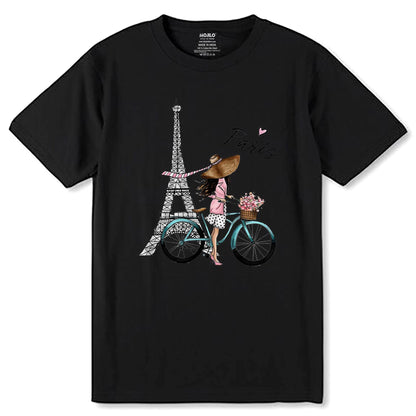 Eiffel Tower, And Bicycle Flower Printed - Unisex Round Neck Regular Fit 100% Combed Cotton Half Sleeve T-Shirt - Mojilo Mart