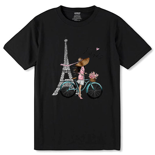 Eiffel Tower, And Bicycle Flower Printed - Unisex Round Neck Regular Fit 100% Combed Cotton Half Sleeve T-Shirt - Mojilo Mart
