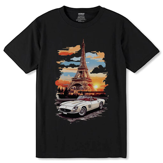 Eiffel Tower car - Unisex Round Neck Regular Fit 100% Combed Cotton Half Sleeve T-Shirt - Mojilo Mart