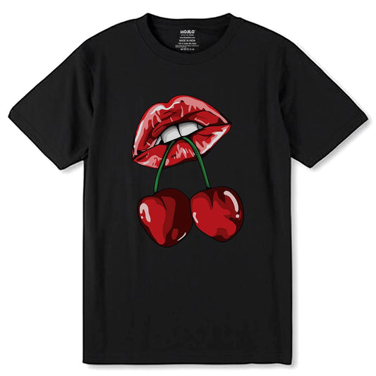 FAIRY TRENDZ Women's Cherry Lips - Unisex Round Neck Regular Fit 100% Combed Cotton Half Sleeve T-Shirt - Mojilo Mart