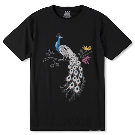 Fancy Jacobean Peacock - Unisex Round Neck Regular Fit 100% Combed Cotton Half Sleeve T-Shirt - Mojilo Mart