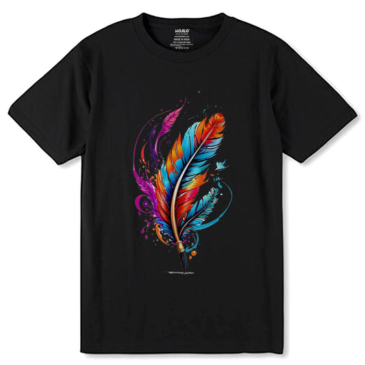 Feather pen drawing a colorful line Photographic - Unisex Round Neck Regular Fit 100% Combed Cotton Half Sleeve T-Shirt - Mojilo Mart