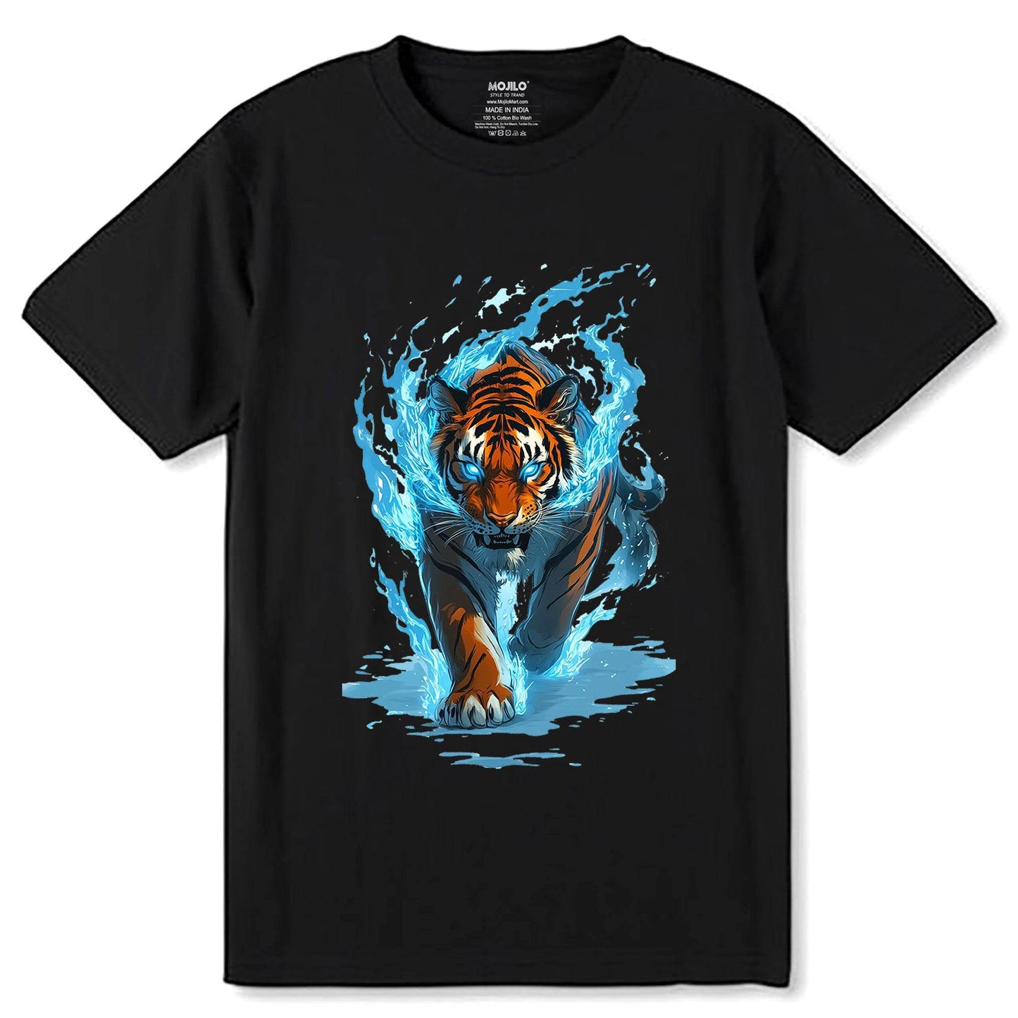 Flaming Tiger Pounce - Unisex Round Neck Regular Fit 100% Combed Cotton Half Sleeve T-Shirt - Mojilo Mart