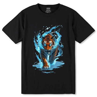 Flaming Tiger Pounce - Unisex Round Neck Regular Fit 100% Combed Cotton Half Sleeve T-Shirt - Mojilo Mart