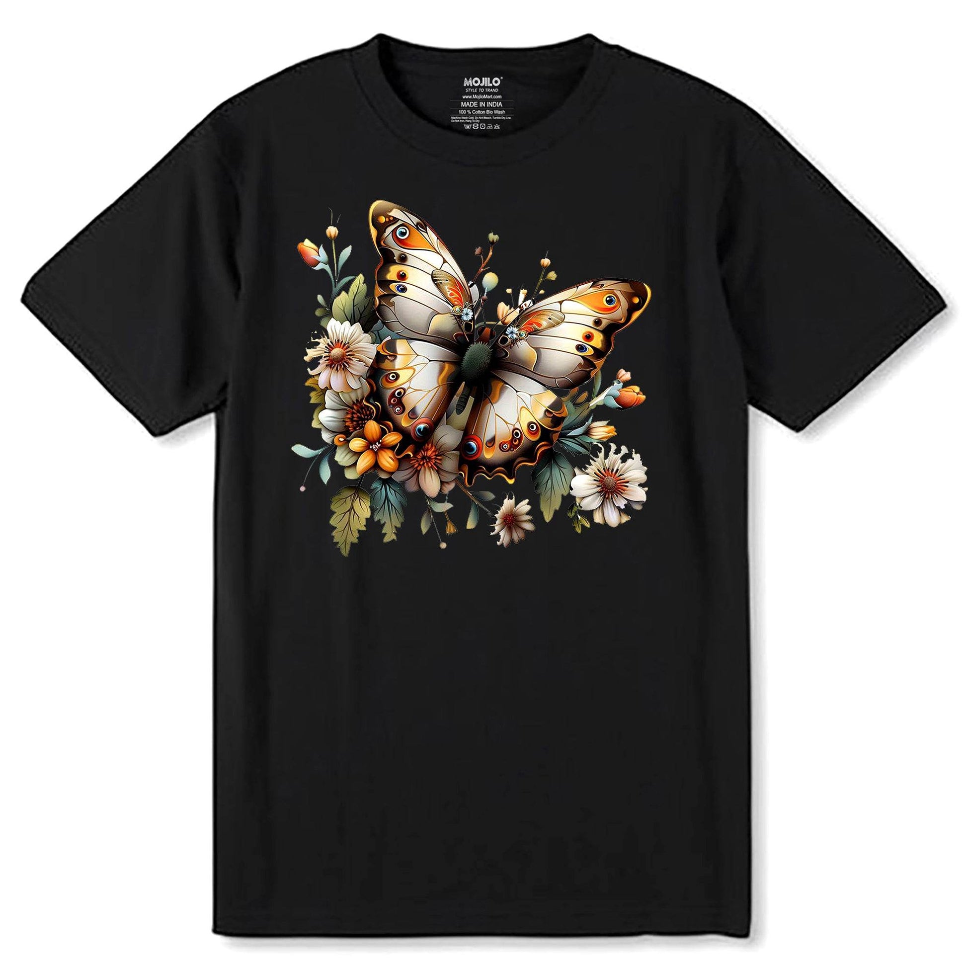 Floral Butterfly - Unisex Round Neck Regular Fit 100% Combed Cotton Half Sleeve T-Shirt - Mojilo Mart