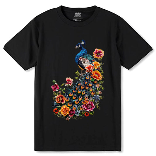 Floral Peacock Print - Unisex Round Neck Regular Fit 100% Combed Cotton Half Sleeve T-Shirt - Mojilo Mart