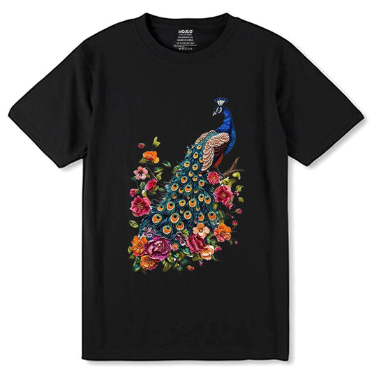 Floral Peacock Print Heavyweight - Unisex Round Neck Regular Fit 100% Combed Cotton Half Sleeve T-Shirt - Mojilo Mart