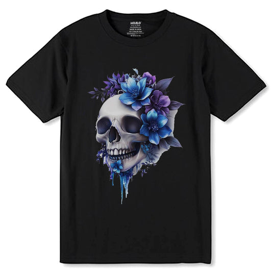 Floral Skull Clip art antique illustrations of human skulls and flowers - Unisex Round Neck Regular Fit 100% Combed Cotton Half Sleeve T-Shirt - Mojilo Mart