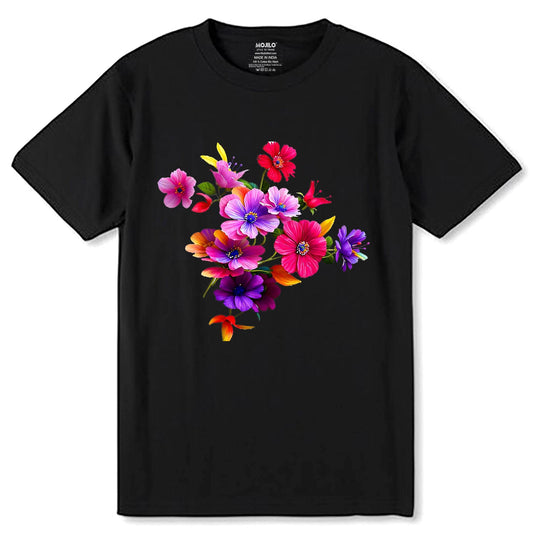 Flower Colorful Artwork Nature - Unisex Round Neck Regular Fit 100% Combed Cotton Half Sleeve T-Shirt - Mojilo Mart