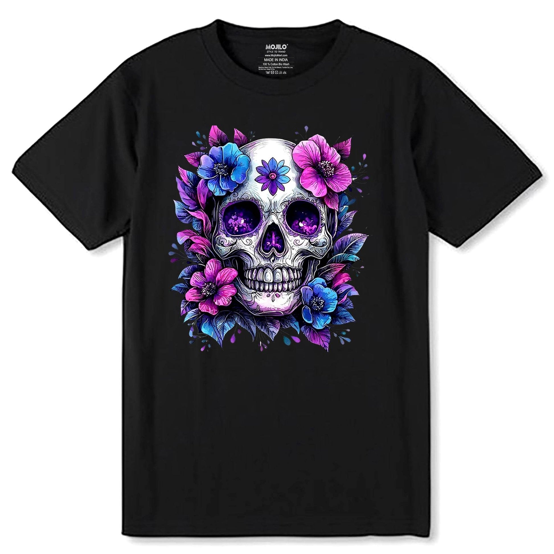 Flower Skull - Unisex Round Neck Regular Fit 100% Combed Cotton Half Sleeve T-Shirt - Mojilo Mart