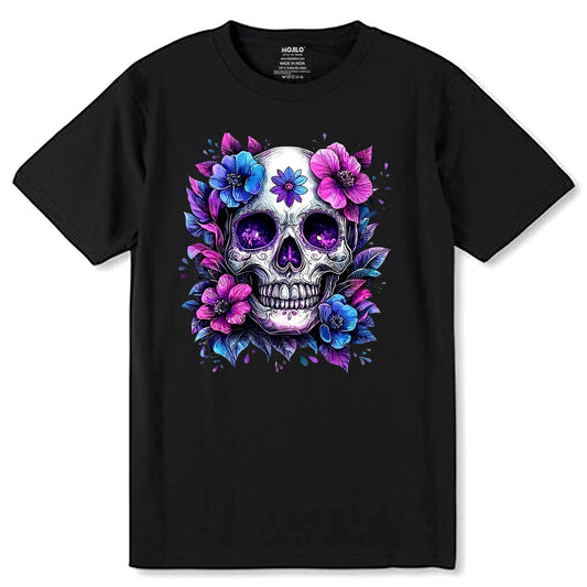 Flower Skull - Unisex Round Neck Regular Fit 100% Combed Cotton Half Sleeve T-Shirt - Mojilo Mart