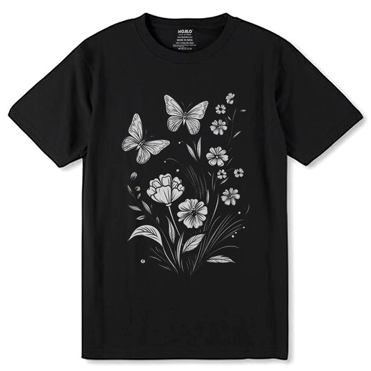 Flowers and Butterflies Kindle Lockscreen Trendy Bookish Design - Unisex Round Neck Regular Fit 100% Combed Cotton Half Sleeve T-Shirt - Mojilo Mart