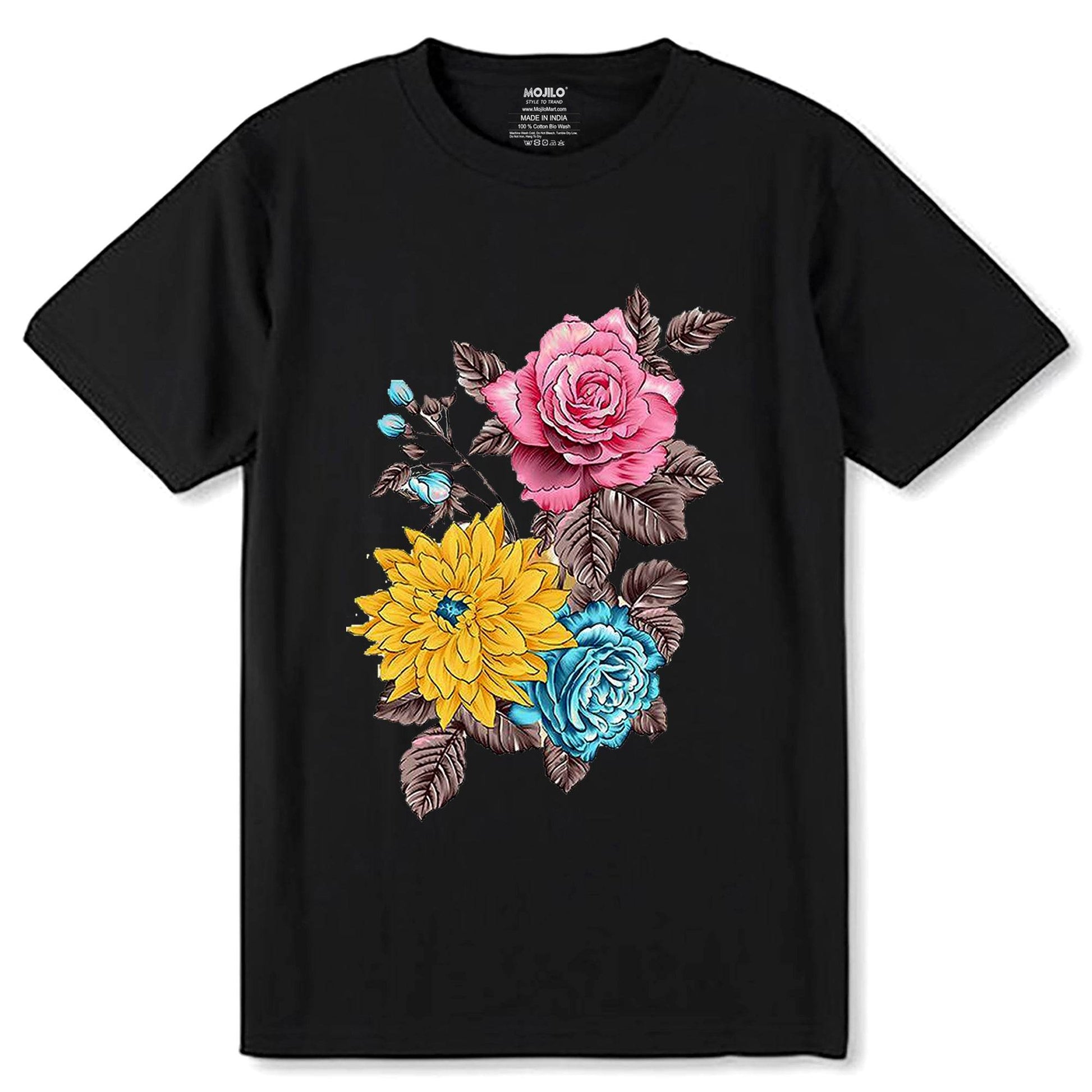 Flowers and Yellow Flower - Unisex Round Neck Regular Fit 100% Combed Cotton Half Sleeve T-Shirt - Mojilo Mart