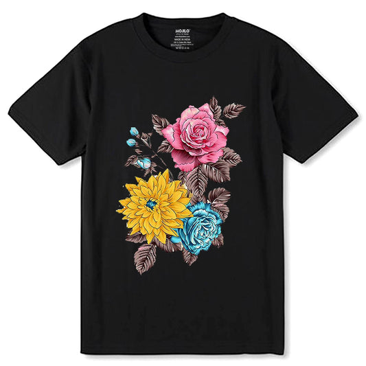 Flowers and Yellow Flower - Unisex Round Neck Regular Fit 100% Combed Cotton Half Sleeve T-Shirt - Mojilo Mart
