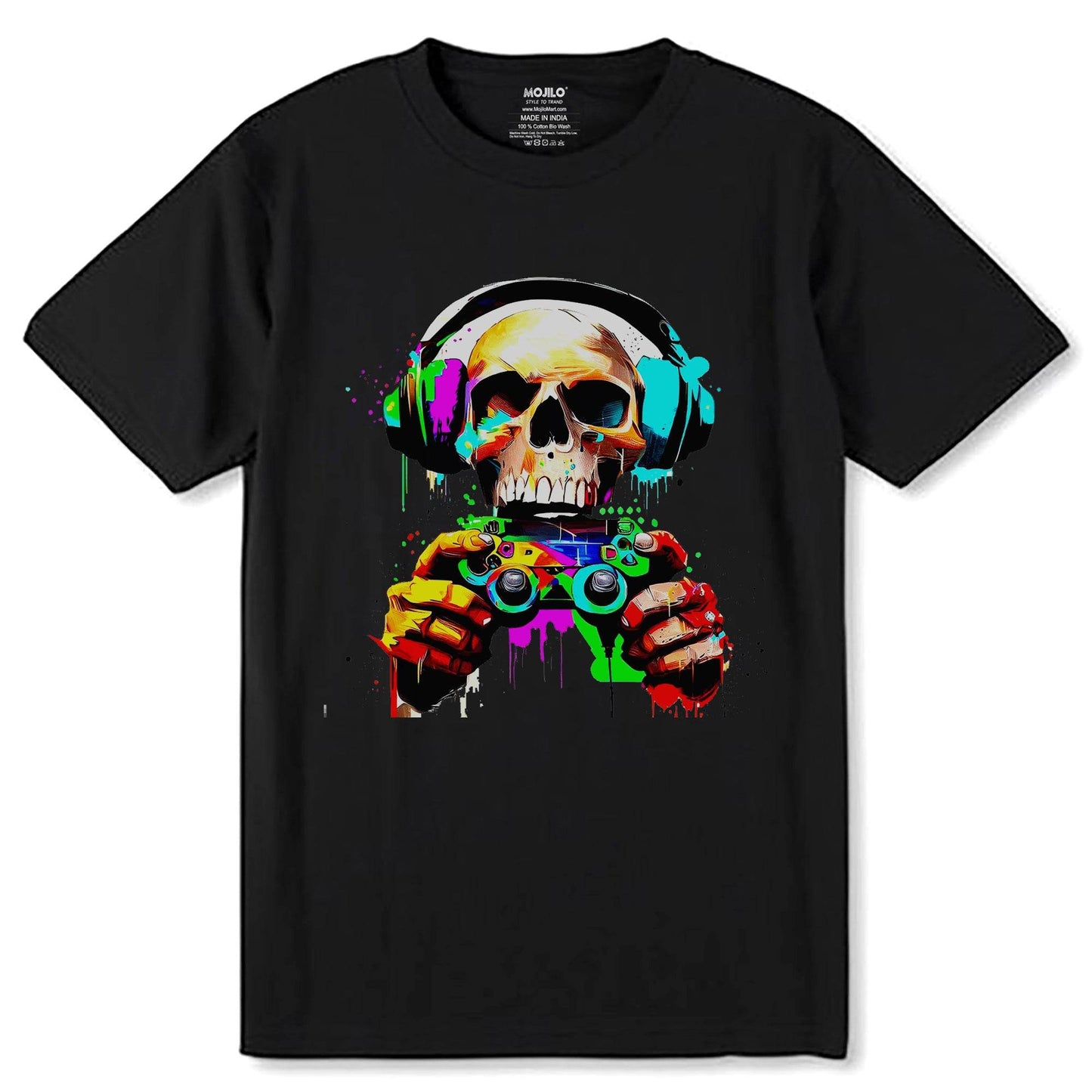 Gaming Skull with Headphones Design - Unisex Round Neck Regular Fit 100% Combed Cotton Half Sleeve T-Shirt - Mojilo Mart