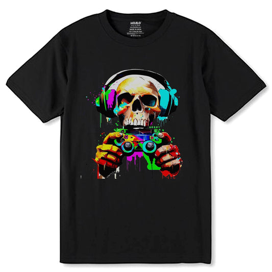 Gaming Skull with Headphones Design - Unisex Round Neck Regular Fit 100% Combed Cotton Half Sleeve T-Shirt - Mojilo Mart