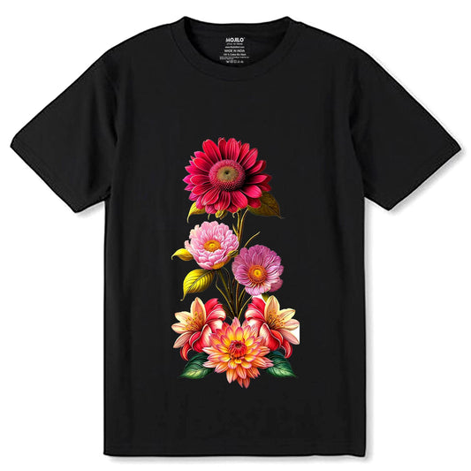 HIPPY FLOWER ARRANGEMENT SUNFLOWERS - Unisex Round Neck Regular Fit 100% Combed Cotton Half Sleeve T-Shirt - Mojilo Mart