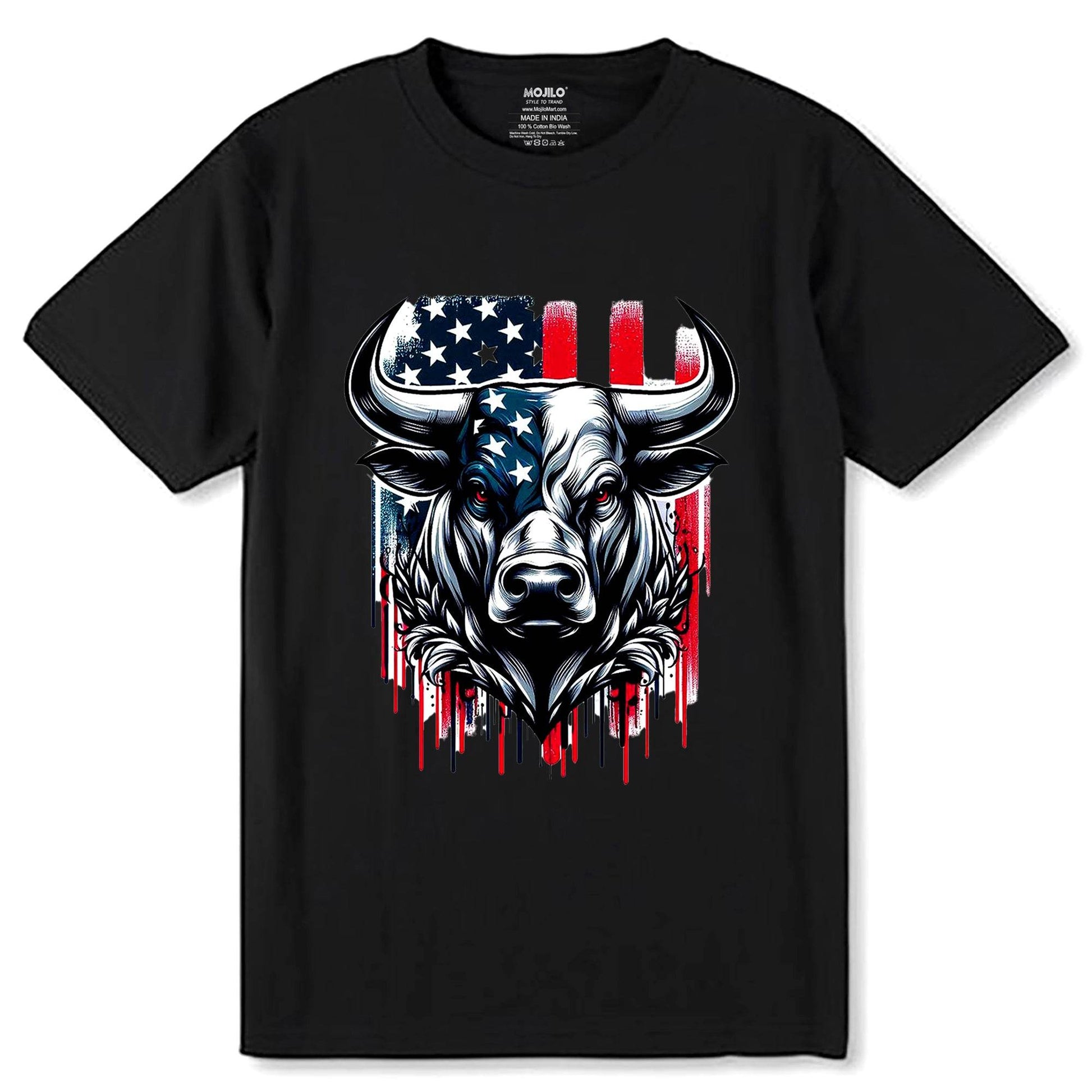 Head cow with flag american vector tshirt design - Unisex Round Neck Regular Fit 100% Combed Cotton Half Sleeve T-Shirt - Mojilo Mart