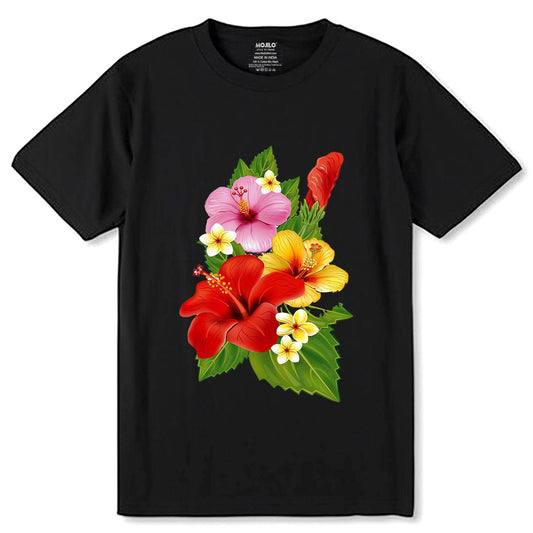Hibiscus Bouquet Flower - Unisex Round Neck Regular Fit 100% Combed Cotton Half Sleeve T-Shirt - Mojilo Mart