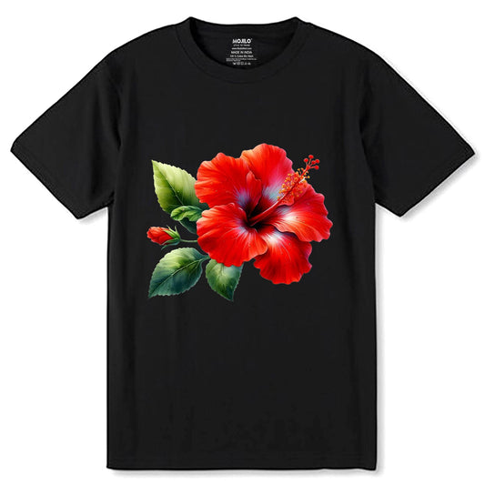 Hibiscus Flower Premium - Unisex Round Neck Regular Fit 100% Combed Cotton Half Sleeve T-Shirt - Mojilo Mart